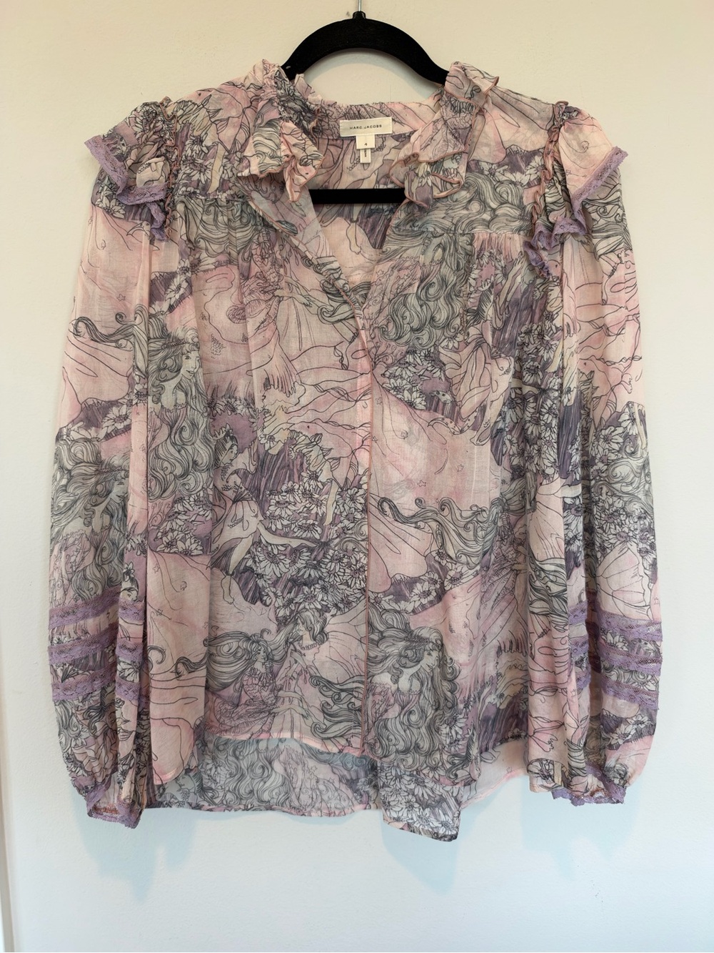 Marc Jacobs Pink and Lavender Sheer Floral-Illustration Ruffle Blouse